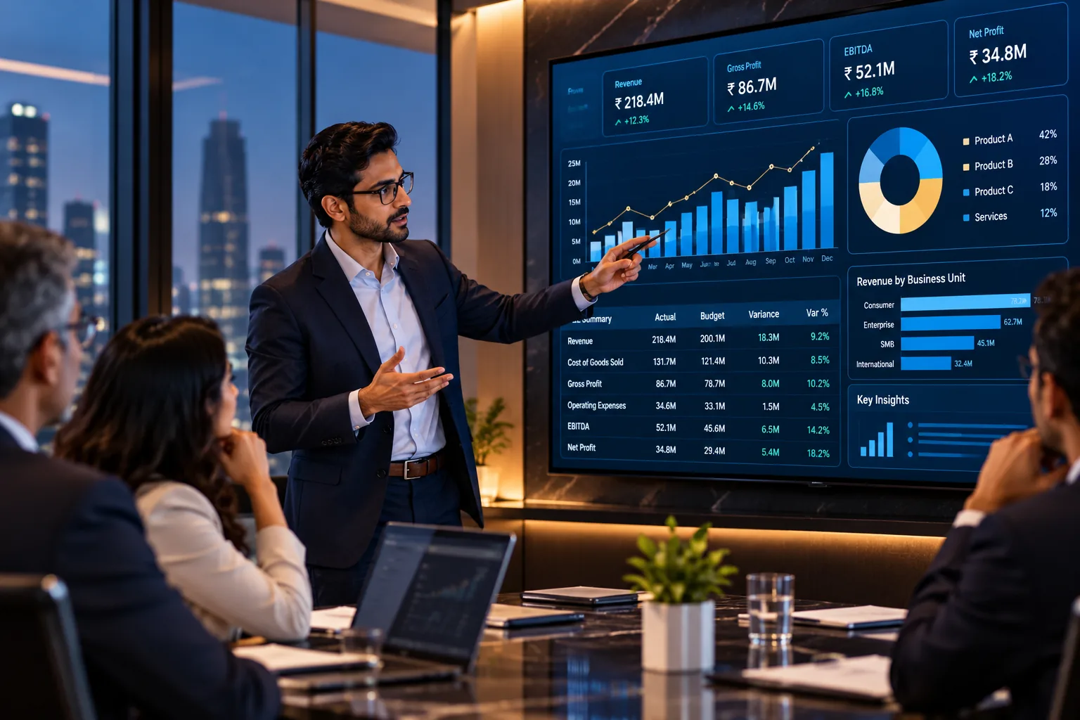 Instructor presenting a finance dashboard to a class